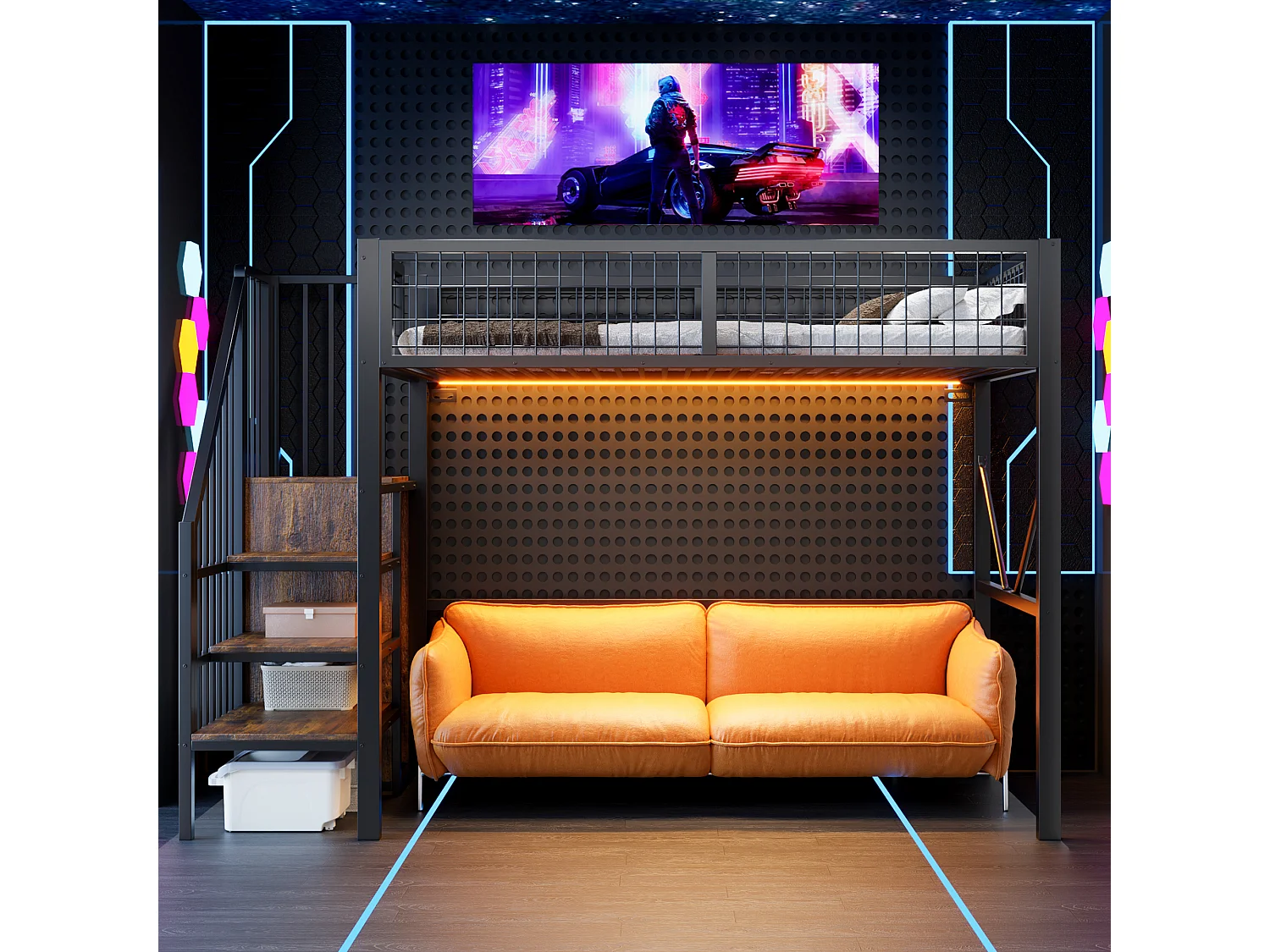Metall-Hochbett 90 x 200 cm – mit Leiter – mit LED-Beleuchtung – mit Sicherheitsgittern – schwarz (Matratze nicht enthalten)