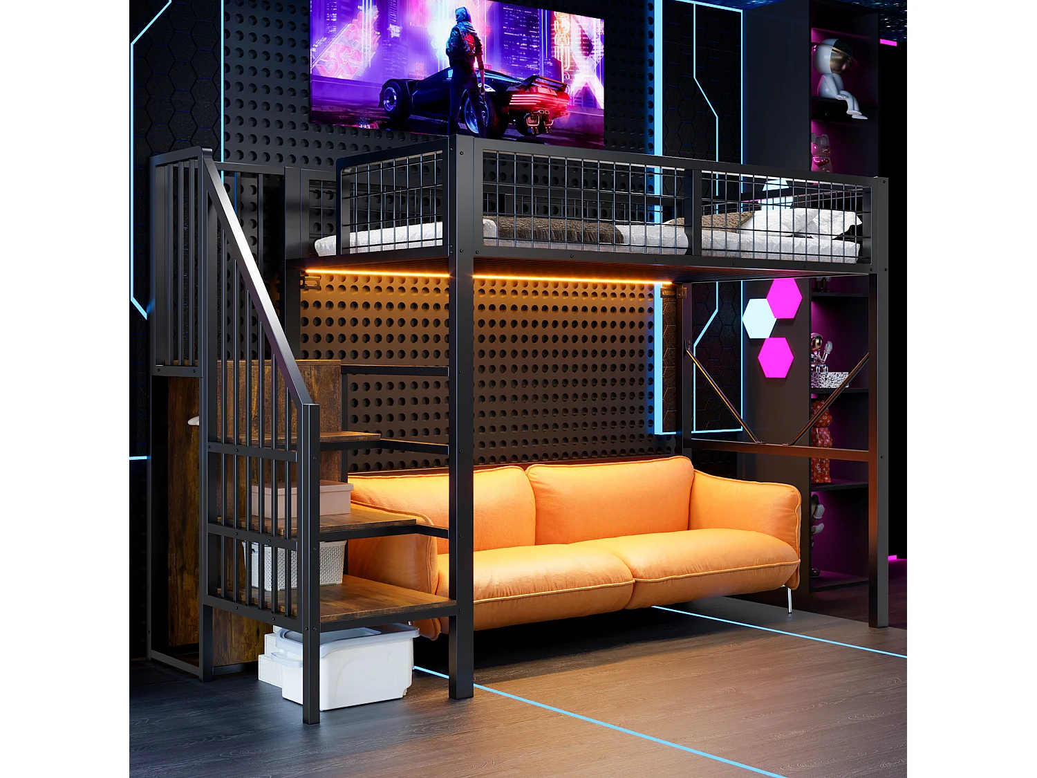 Metall-Hochbett 90 x 200 cm – mit Leiter – mit LED-Beleuchtung – mit Sicherheitsgittern – schwarz (Matratze nicht enthalten)