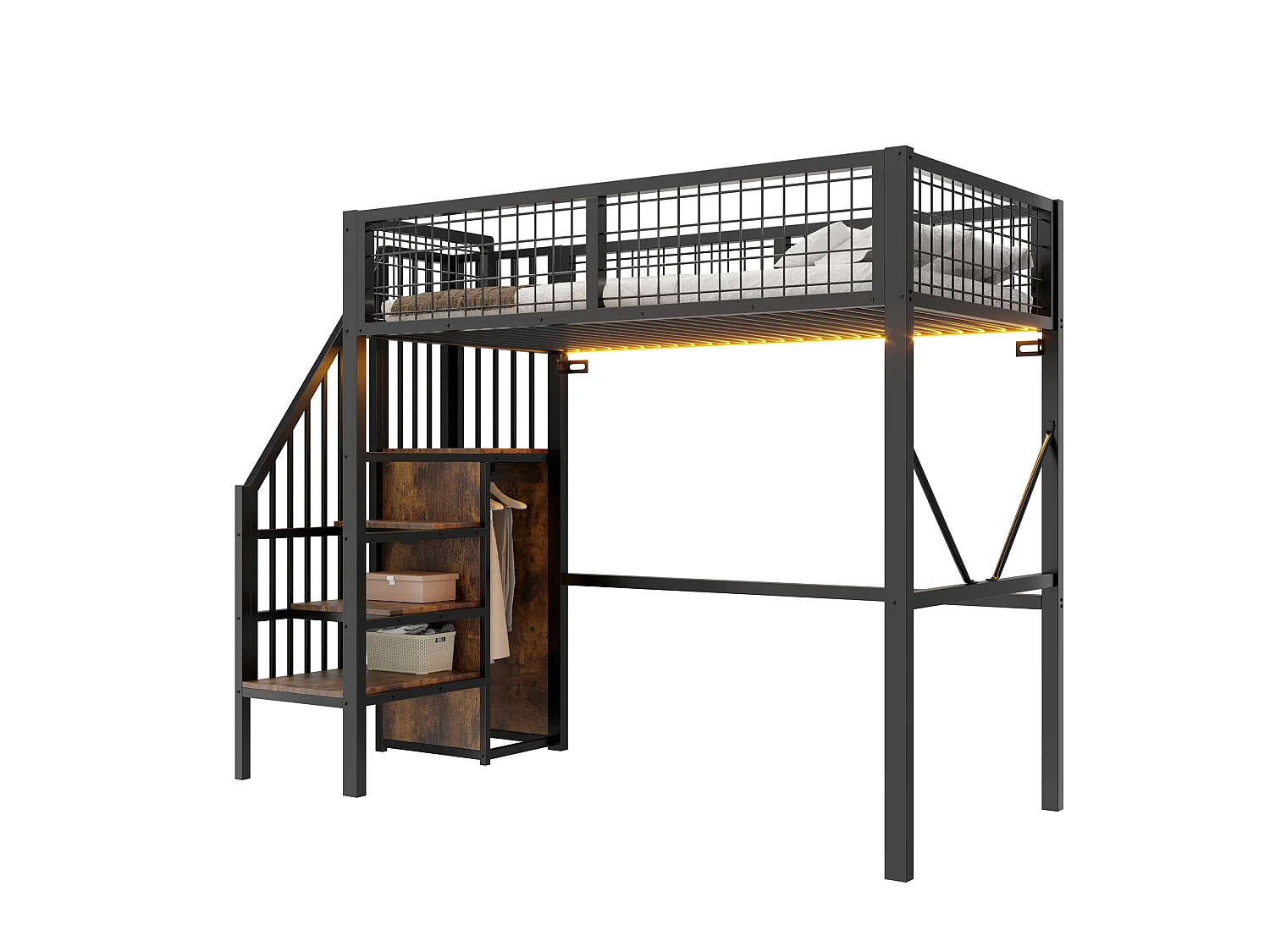 Metall-Hochbett 90 x 200 cm – mit Leiter – mit LED-Beleuchtung – mit Sicherheitsgittern – schwarz (Matratze nicht enthalten)