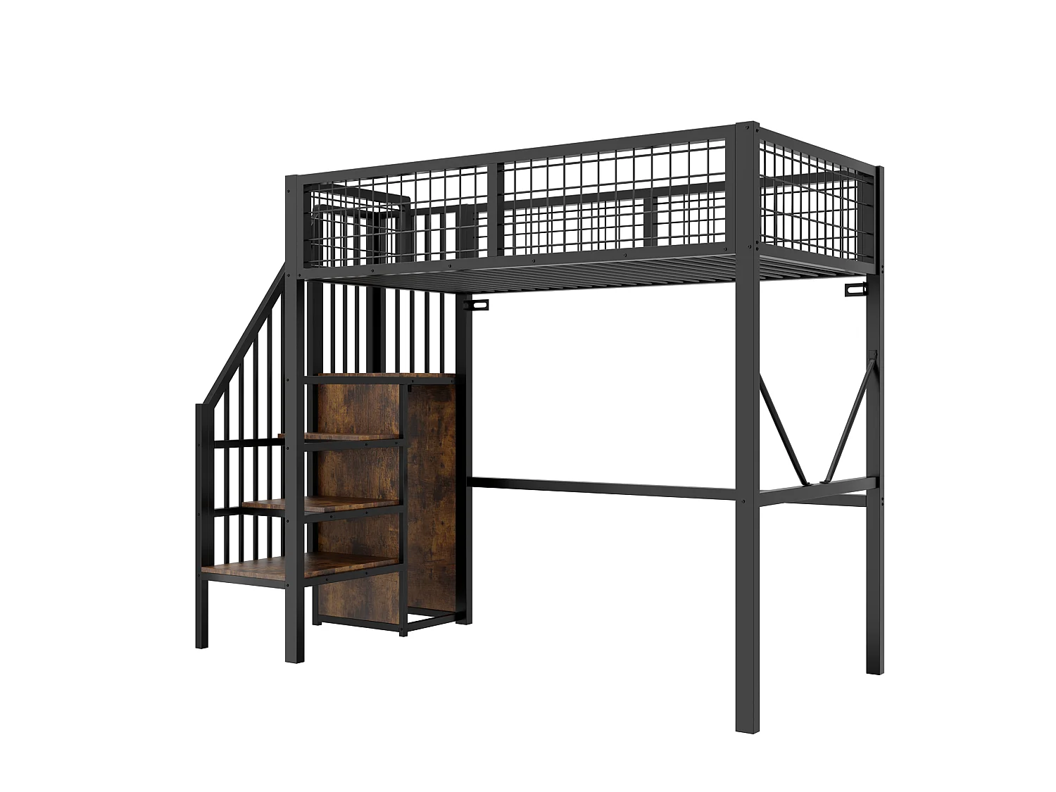 Metall-Hochbett 90 x 200 cm – mit Leiter – mit LED-Beleuchtung – mit Sicherheitsgittern – schwarz (Matratze nicht enthalten)