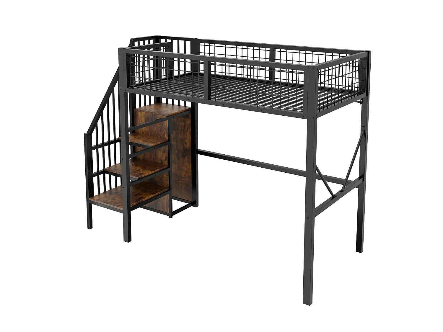 Metall-Hochbett 90 x 200 cm – mit Leiter – mit LED-Beleuchtung – mit Sicherheitsgittern – schwarz (Matratze nicht enthalten)
