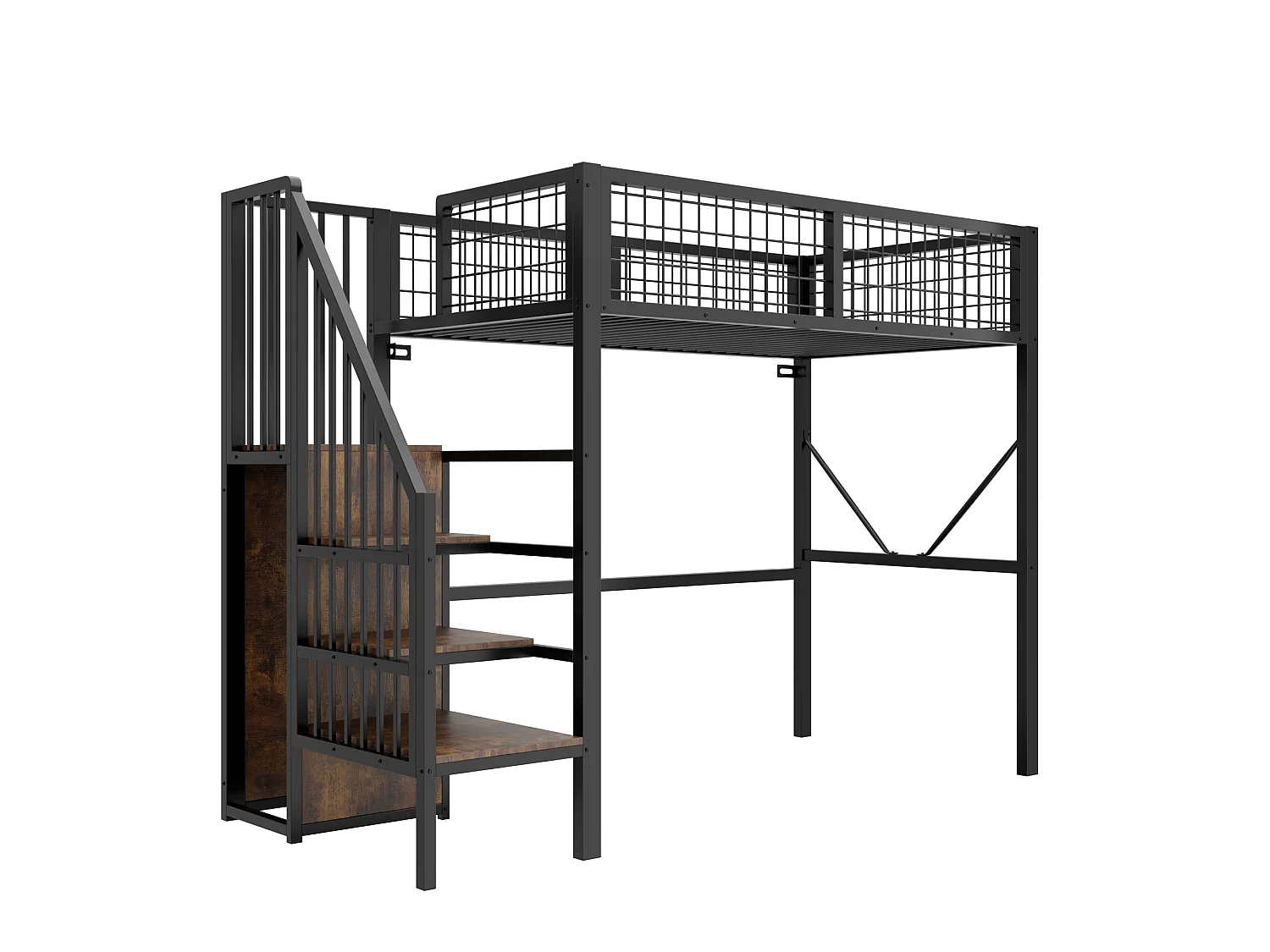 Metall-Hochbett 90 x 200 cm – mit Leiter – mit LED-Beleuchtung – mit Sicherheitsgittern – schwarz (Matratze nicht enthalten)