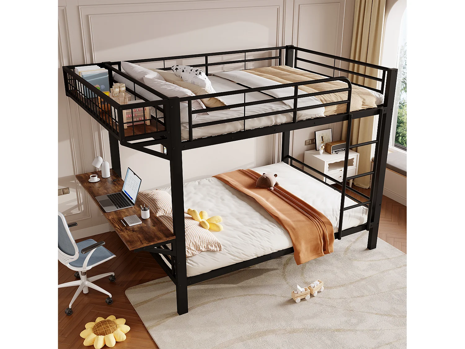 Etagenbett 140 x 200 cm – mit Schreibtisch – mit Sicherheitsgittern – mit Leiter – schwarz (Matratze nicht inbegriffen)