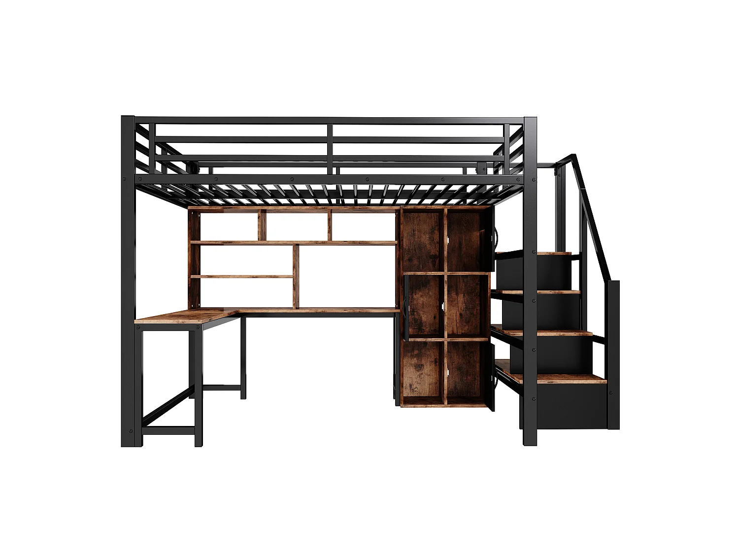 Lit mezzanine 140 x 200 cm - avec échelle de rangement - avec compartiments de rangement - avec bande lumineuse LED - blanc (matelas non inclus)