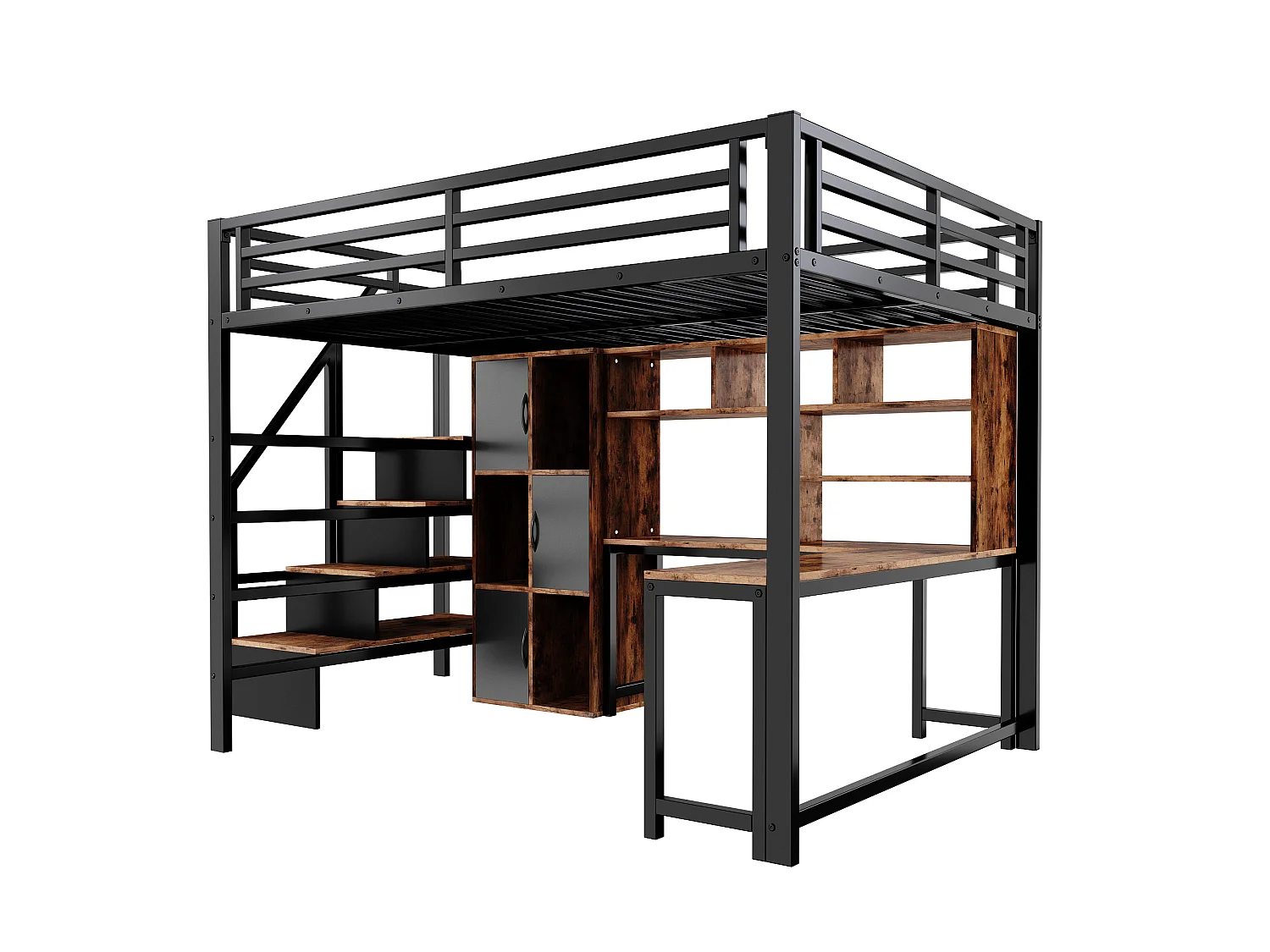 Lit mezzanine 140 x 200 cm - avec échelle de rangement - avec compartiments de rangement - avec bande lumineuse LED - blanc (matelas non inclus)