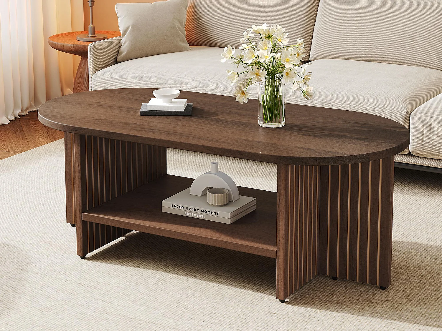 Couchtisch oval 100x40x35 cm – mit Ablage – Beistelltisch/Sofatisch – Modernes eingelassenes Design – MDF – Braun