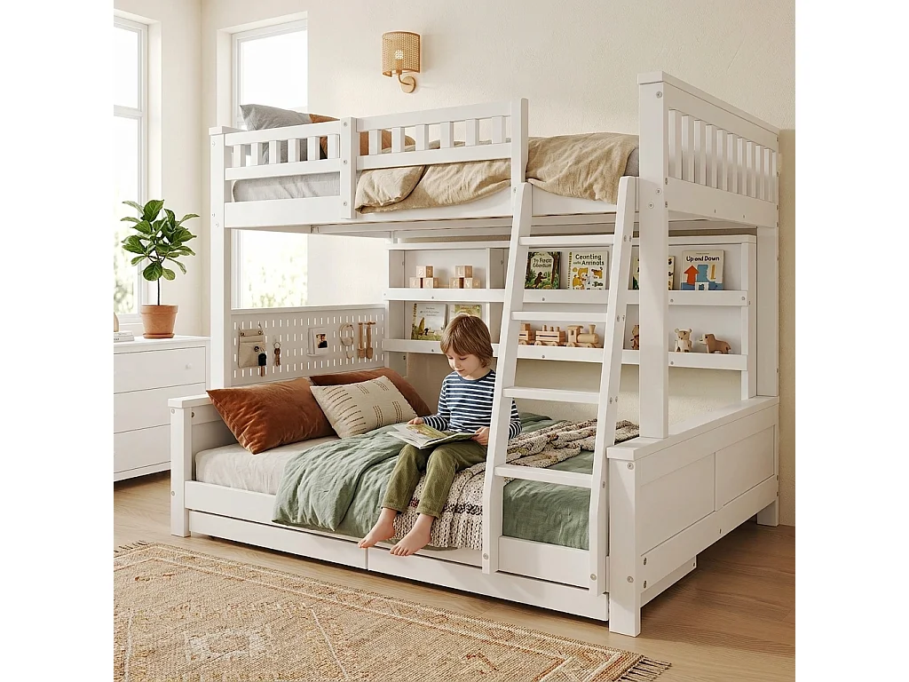 Lit superposé enfant 120x200cm+140x200 cm - avec échelle - étagère de rangement à deux niveaux et panneau perforé - Bois massif + MDF - Blanc (sans matelas)