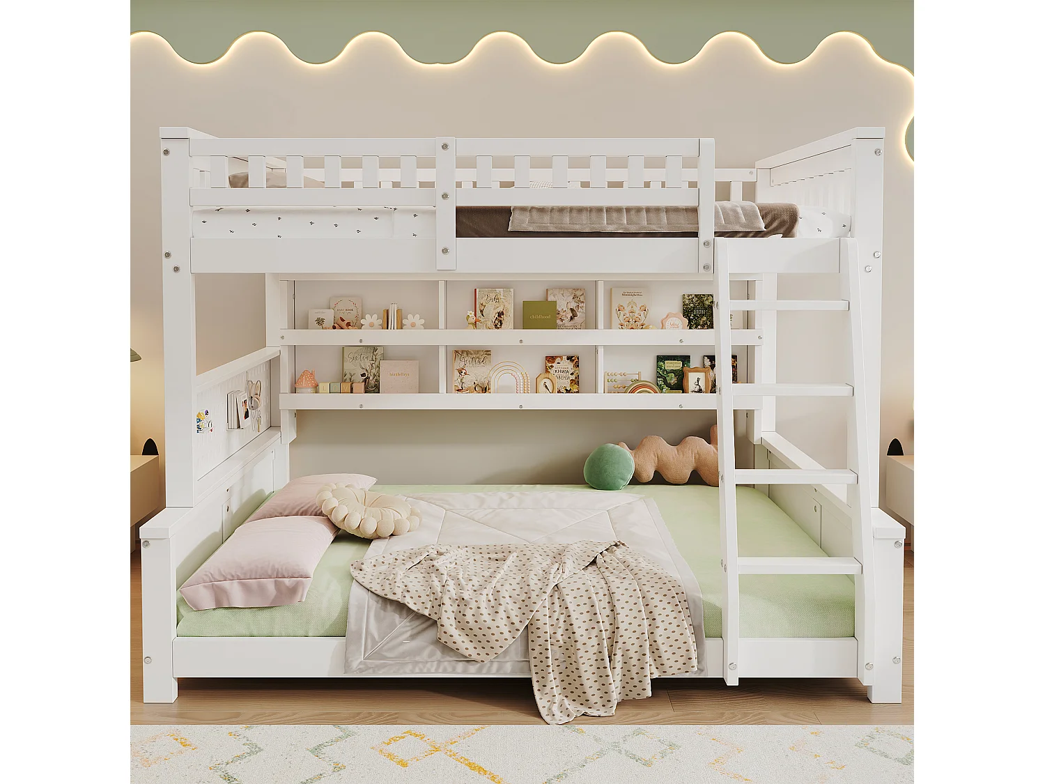Lit superposé enfant 120x200cm+140x200 cm - avec échelle - étagère de rangement à deux niveaux et panneau perforé - Bois massif + MDF - Blanc (sans matelas)