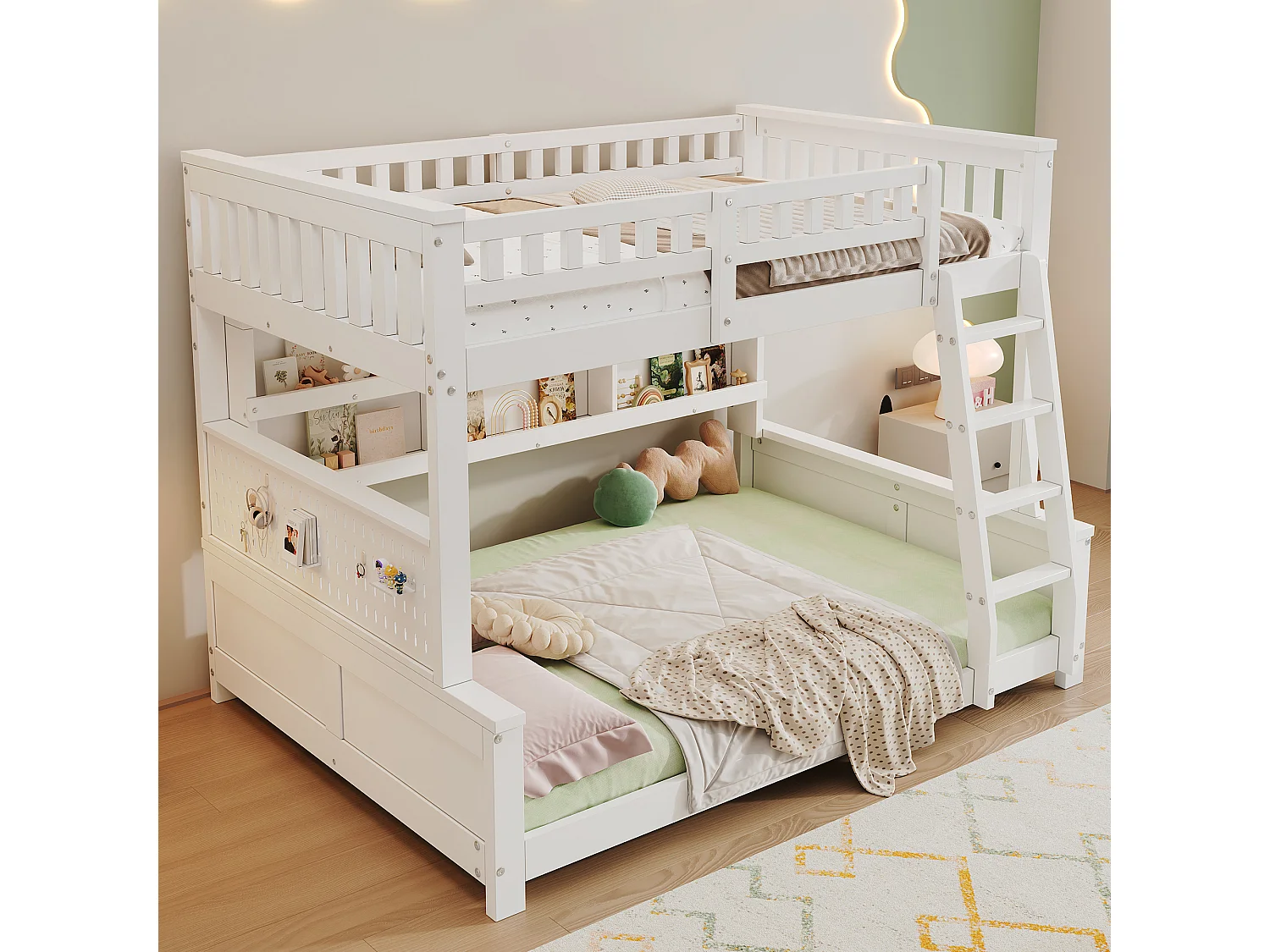Lit superposé enfant 120x200cm+140x200 cm - avec échelle - étagère de rangement à deux niveaux et panneau perforé - Bois massif + MDF - Blanc (sans matelas)