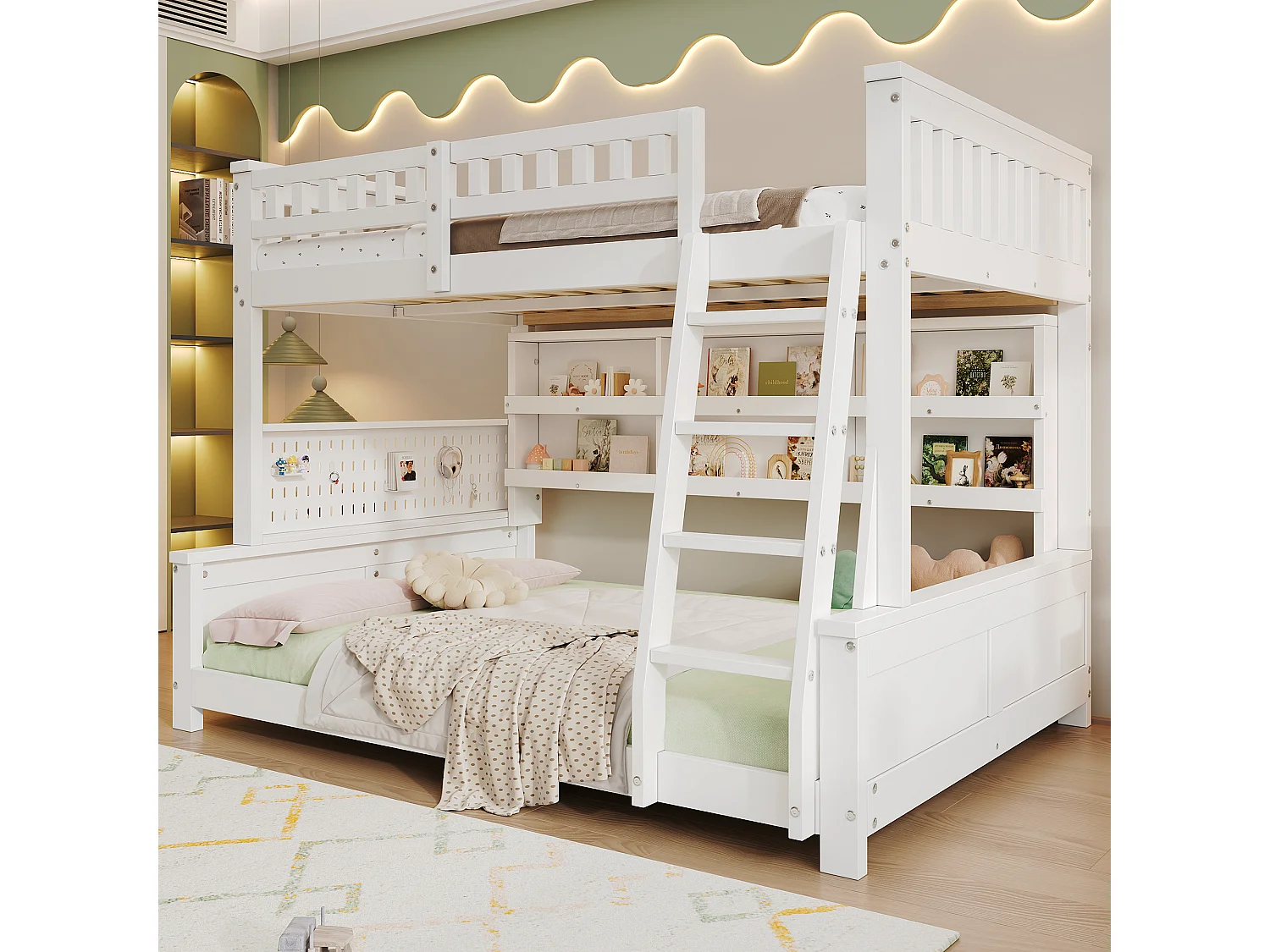 Lit superposé enfant 120x200cm+140x200 cm - avec échelle - étagère de rangement à deux niveaux et panneau perforé - Bois massif + MDF - Blanc (sans matelas)