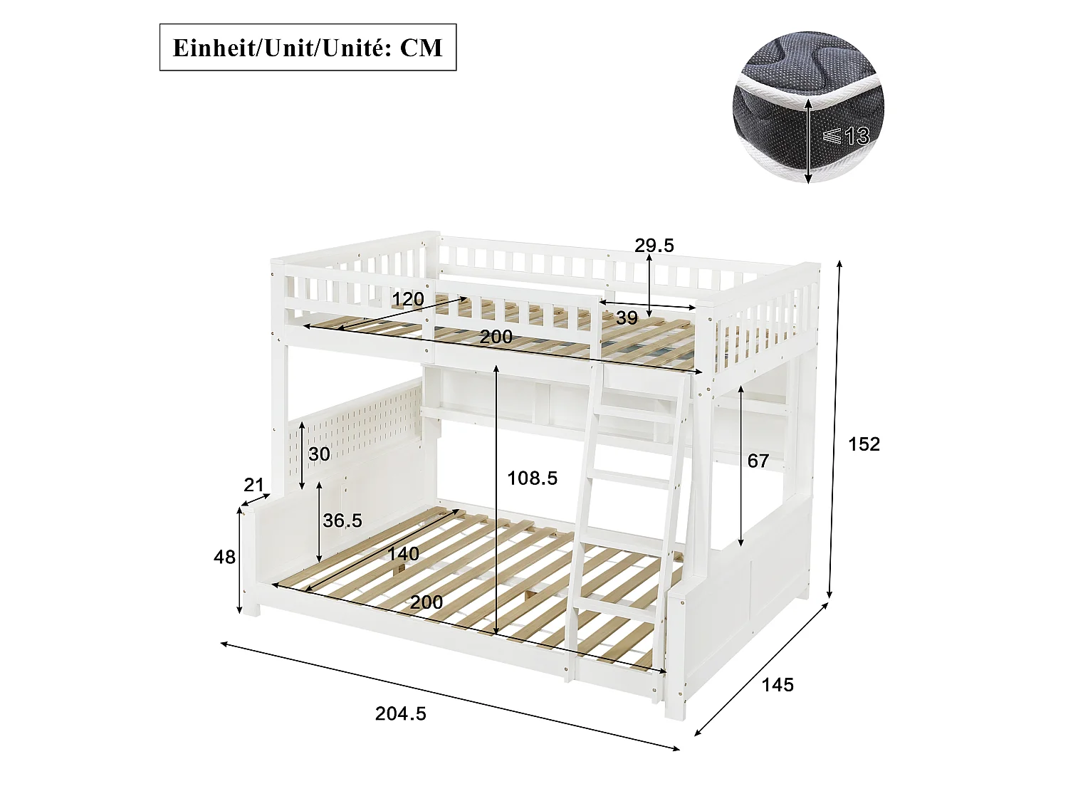 Lit superposé enfant 120x200cm+140x200 cm - avec échelle - étagère de rangement à deux niveaux et panneau perforé - Bois massif + MDF - Blanc (sans matelas)