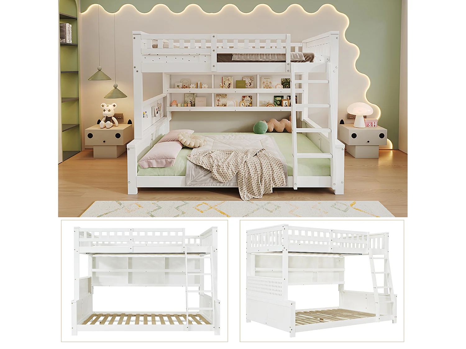 Lit superposé enfant 120x200cm+140x200 cm - avec échelle - étagère de rangement à deux niveaux et panneau perforé - Bois massif + MDF - Blanc (sans matelas)
