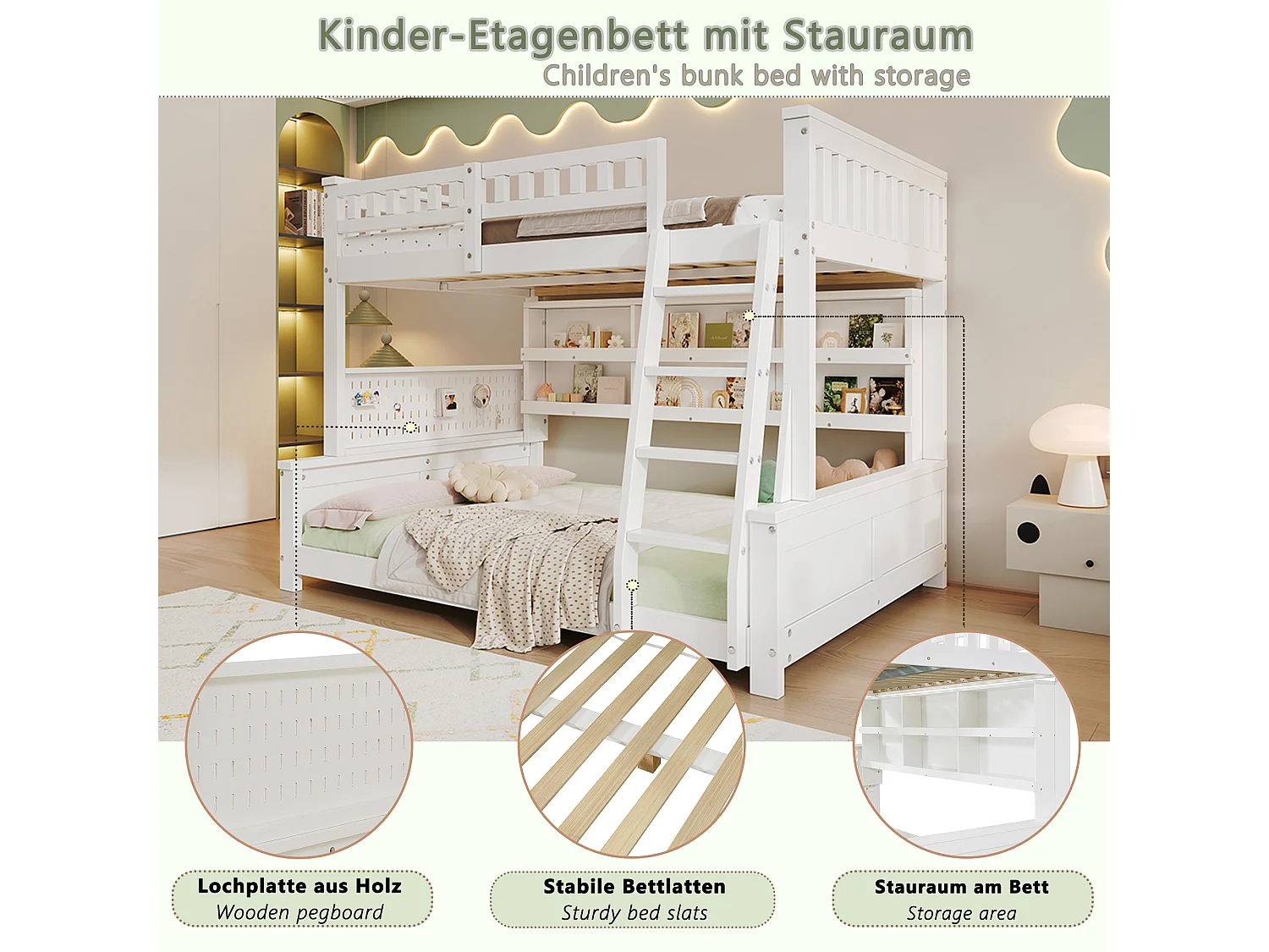 Lit superposé enfant 120x200cm+140x200 cm - avec échelle - étagère de rangement à deux niveaux et panneau perforé - Bois massif + MDF - Blanc (sans matelas)