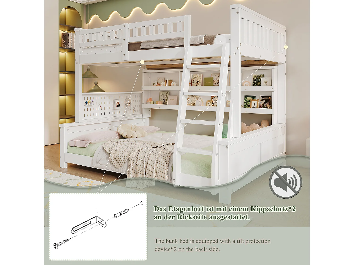 Lit superposé enfant 120x200cm+140x200 cm - avec échelle - étagère de rangement à deux niveaux et panneau perforé - Bois massif + MDF - Blanc (sans matelas)
