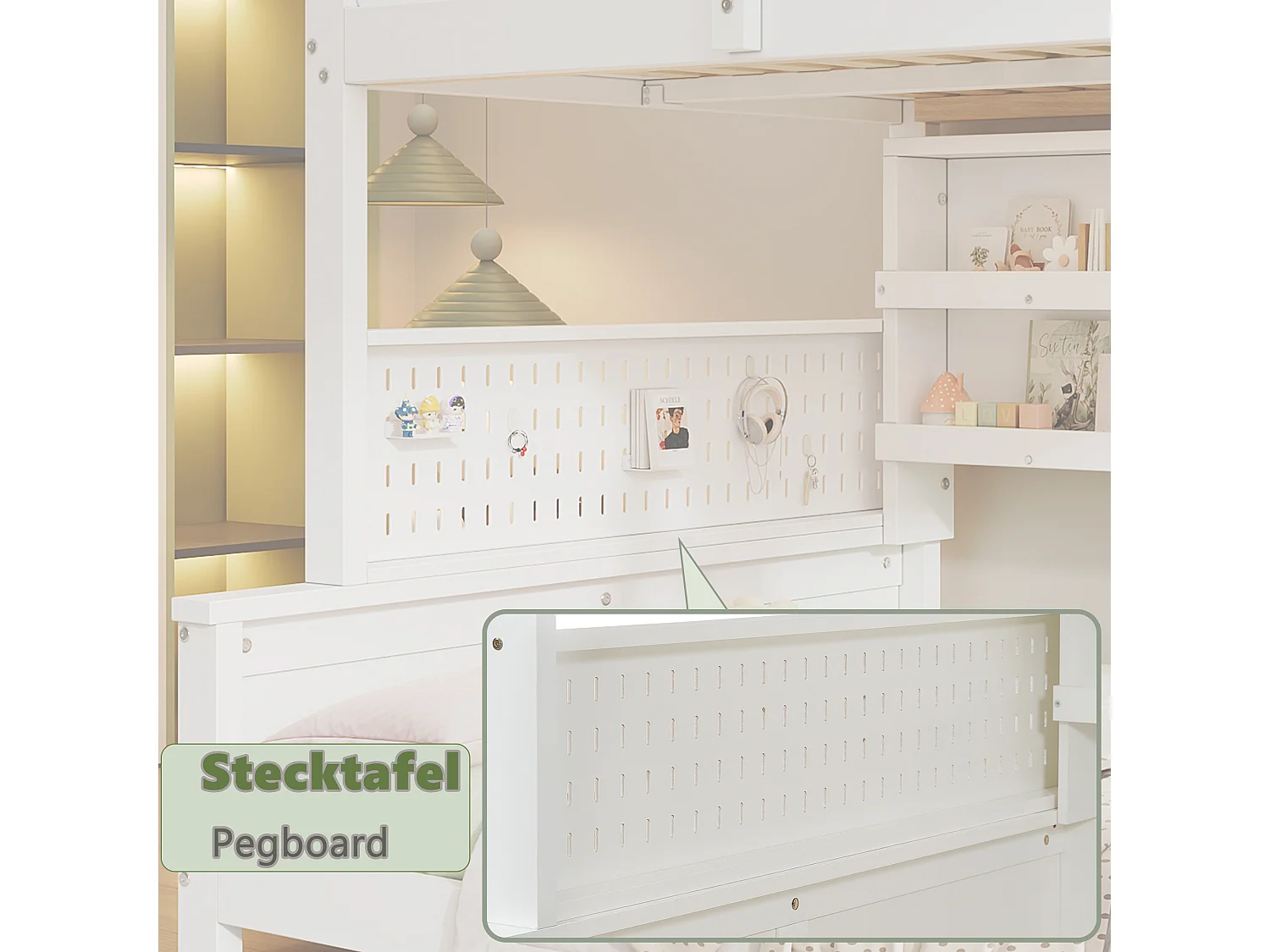 Lit superposé enfant 120x200cm+140x200 cm - avec échelle - étagère de rangement à deux niveaux et panneau perforé - Bois massif + MDF - Blanc (sans matelas)