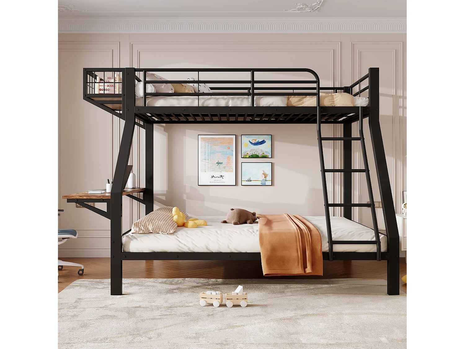 Lit superposé 90 x 200 cm + 140 x 200 cm – avec bureau - avec barrières de sécurité et échelle – noir (matelas non inclus)