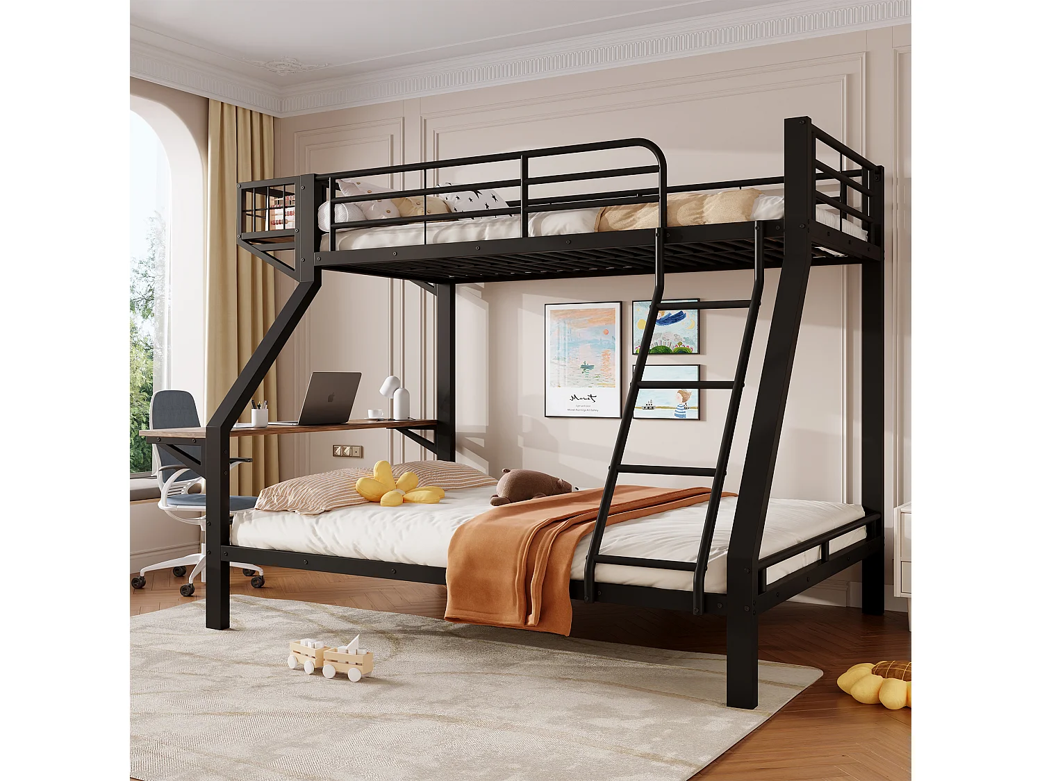 Lit superposé 90 x 200 cm + 140 x 200 cm – avec bureau - avec barrières de sécurité et échelle – noir (matelas non inclus)