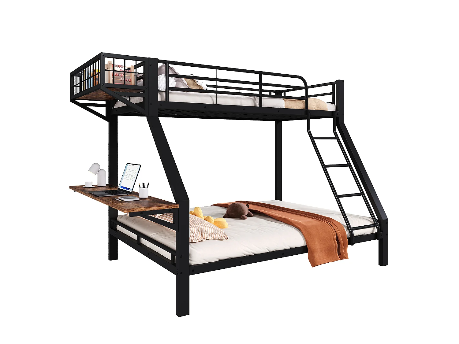 Lit superposé 90 x 200 cm + 140 x 200 cm – avec bureau - avec barrières de sécurité et échelle – noir (matelas non inclus)
