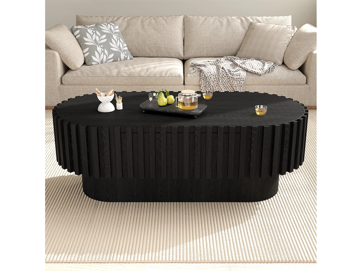 Oval coffee table 100 x 50 x 35.5 cm - With 1 drawer - Decorative design with vertical slats - side table - MDF - Black