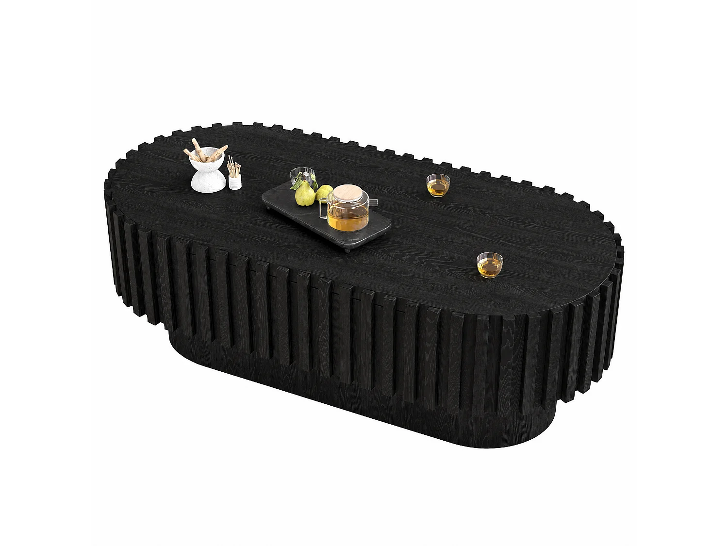Oval coffee table 100 x 50 x 35.5 cm - With 1 drawer - Decorative design with vertical slats - side table - MDF - Black