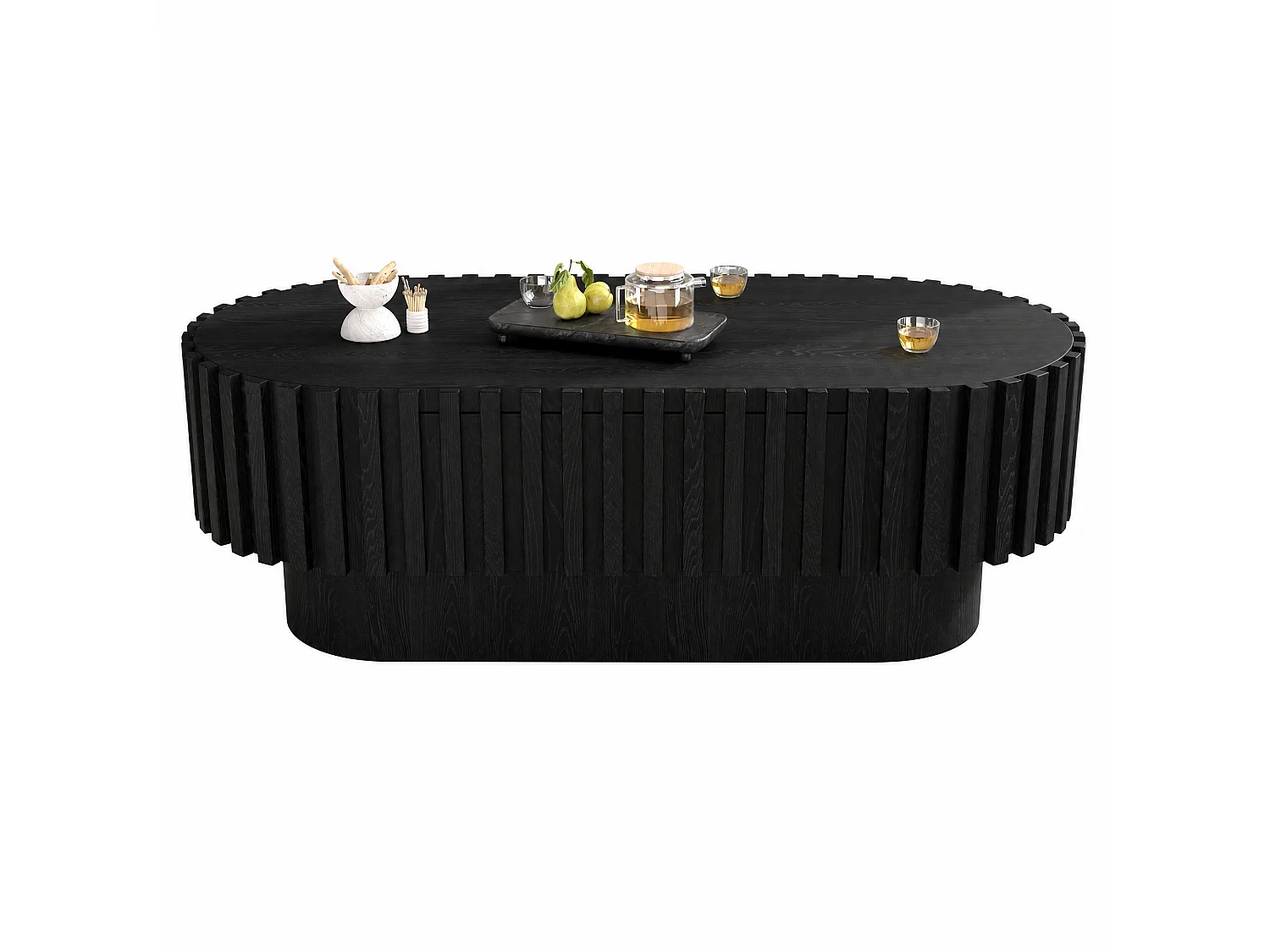 Oval coffee table 100 x 50 x 35.5 cm - With 1 drawer - Decorative design with vertical slats - side table - MDF - Black