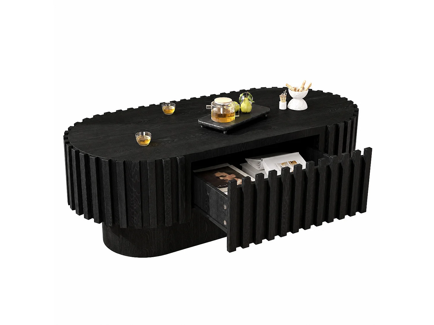 Oval coffee table 100 x 50 x 35.5 cm - With 1 drawer - Decorative design with vertical slats - side table - MDF - Black
