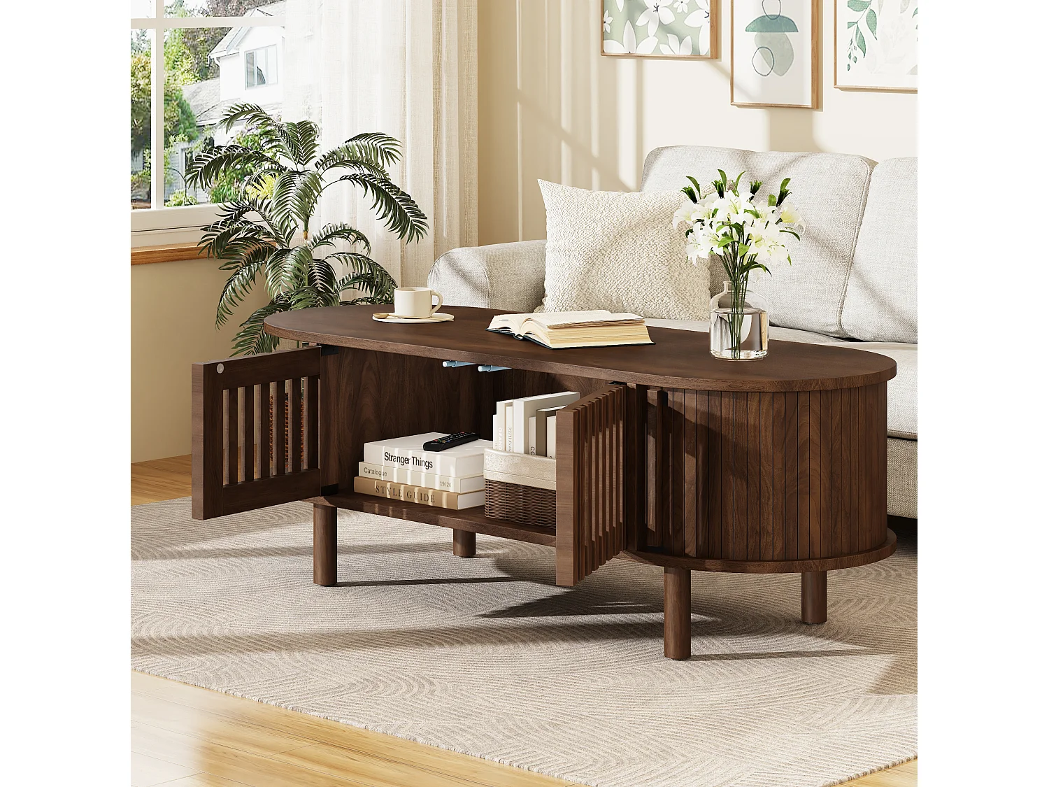 Oval coffee table 100x40x38 cm - 2 rattan doors and 1 roller door - Solid wood legs - MDF - Brown