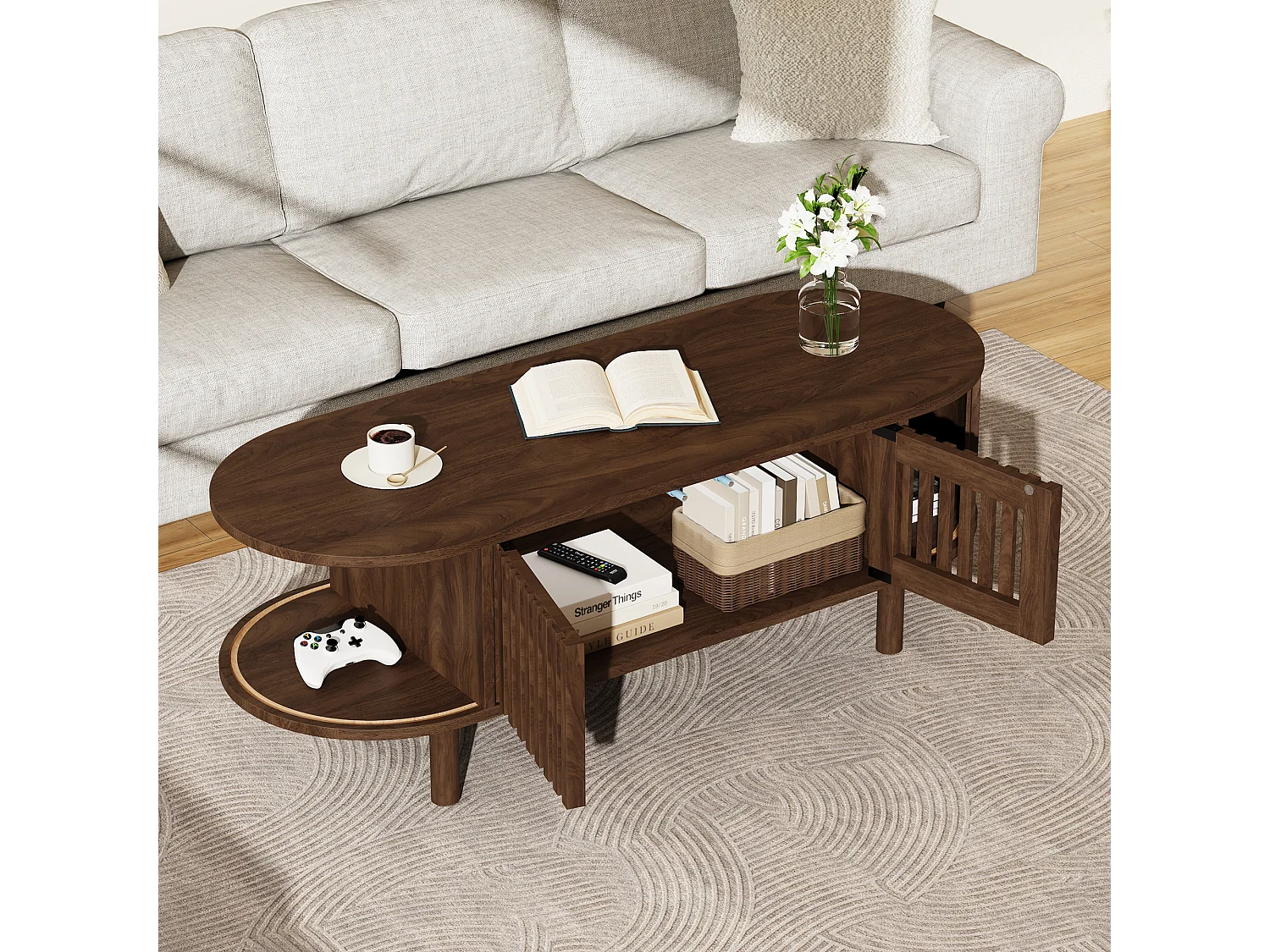 Oval coffee table 100x40x38 cm - 2 rattan doors and 1 roller door - Solid wood legs - MDF - Brown