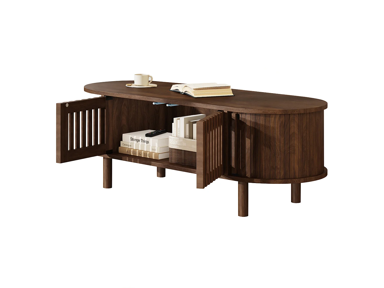 Oval coffee table 100x40x38 cm - 2 rattan doors and 1 roller door - Solid wood legs - MDF - Brown