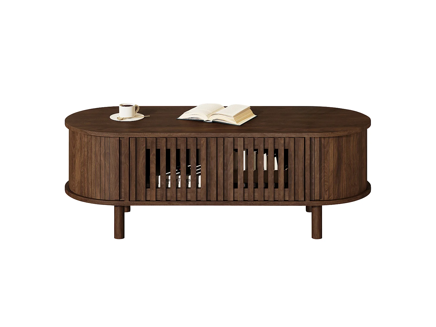 Oval coffee table 100x40x38 cm - 2 rattan doors and 1 roller door - Solid wood legs - MDF - Brown