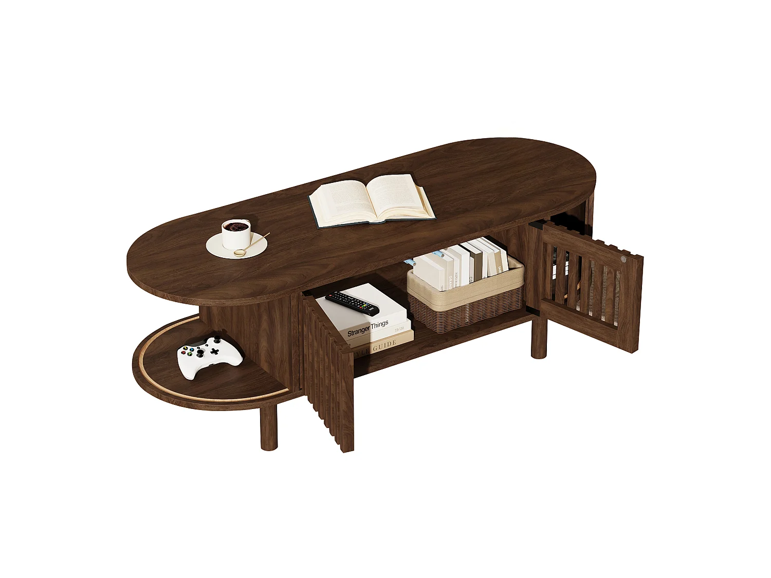 Oval coffee table 100x40x38 cm - 2 rattan doors and 1 roller door - Solid wood legs - MDF - Brown