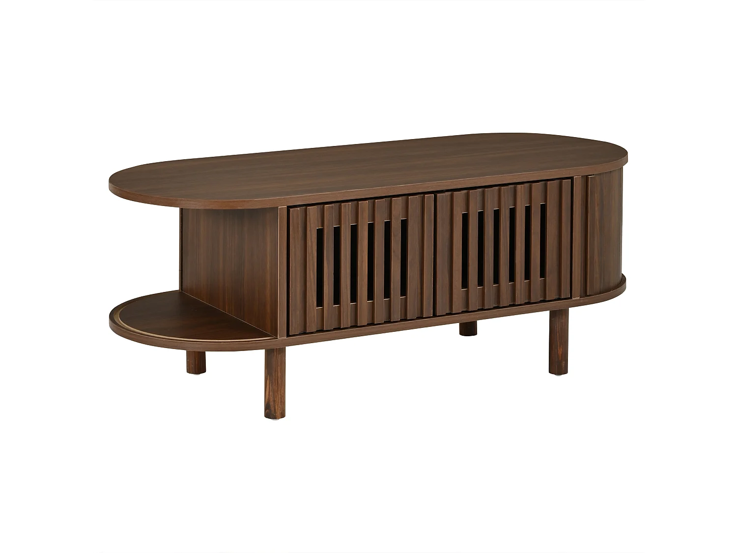Oval coffee table 100x40x38 cm - 2 rattan doors and 1 roller door - Solid wood legs - MDF - Brown