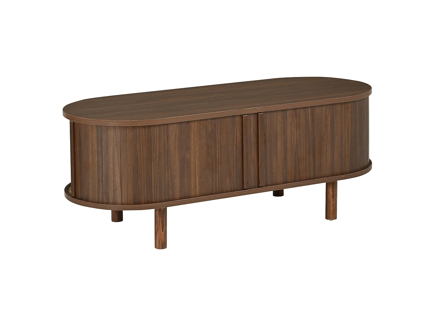 Oval coffee table 100x40x38 cm - 2 rattan doors and 1 roller door - Solid wood legs - MDF - Brown