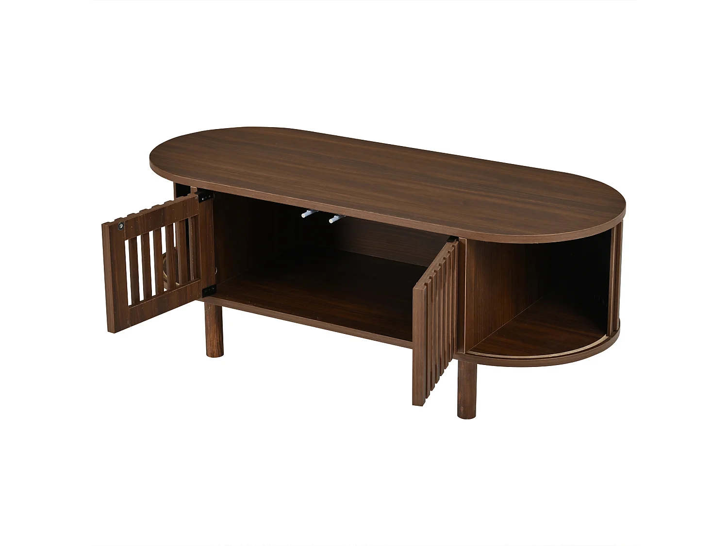 Oval coffee table 100x40x38 cm - 2 rattan doors and 1 roller door - Solid wood legs - MDF - Brown