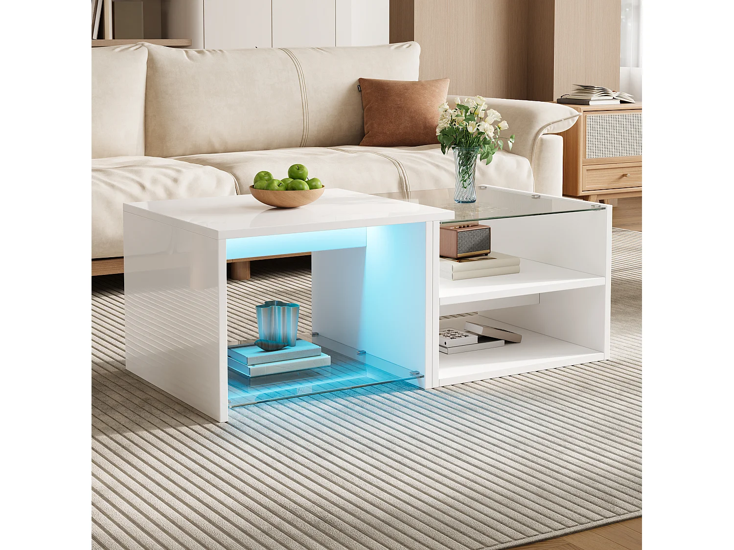 Multi-level coffee table 100x50x38 cm - Glossy glass and lacquered finish - LED lighting - Particle board - White