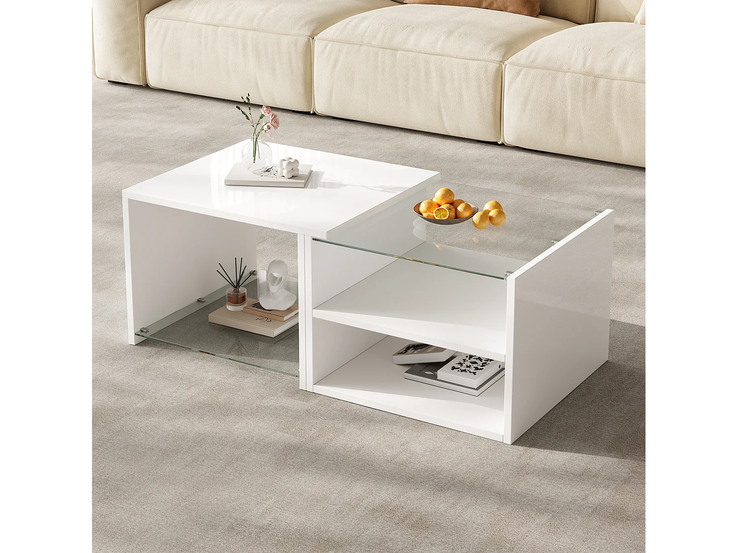 Multi-level coffee table 100x50x38 cm - Glossy glass and lacquered finish - LED lighting - Particle board - White