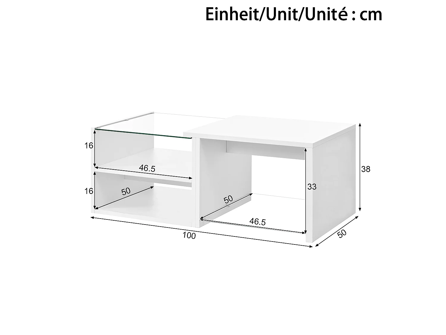 Multi-level coffee table 100x50x38 cm - Glossy glass and lacquered finish - LED lighting - Particle board - White