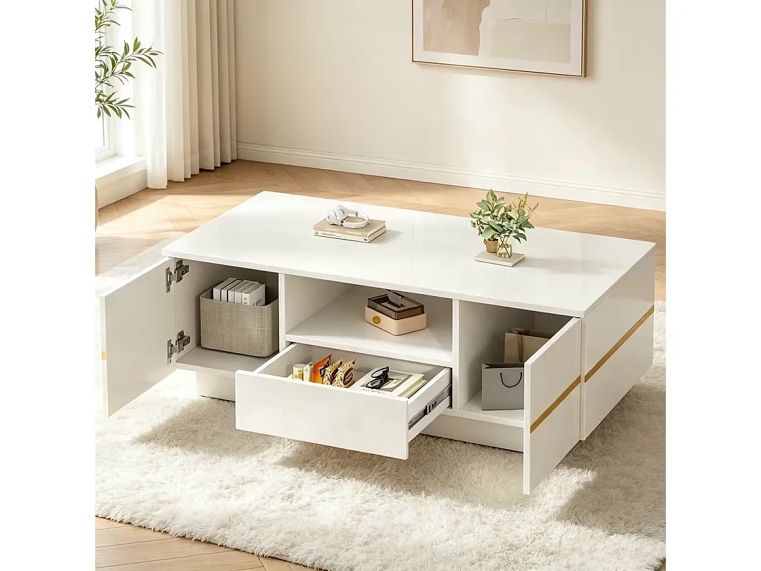 Modern coffee table 100x50x35.5 cm - With LED lighting - 2 doors and 1 drawer - Glossy finish - MDF - White