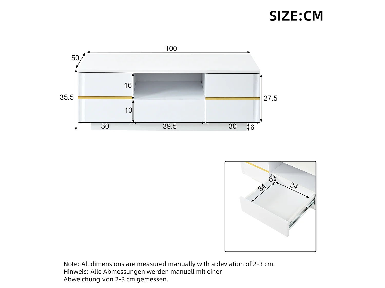 Modern coffee table 100x50x35.5 cm - With LED lighting - 2 doors and 1 drawer - Glossy finish - MDF - White