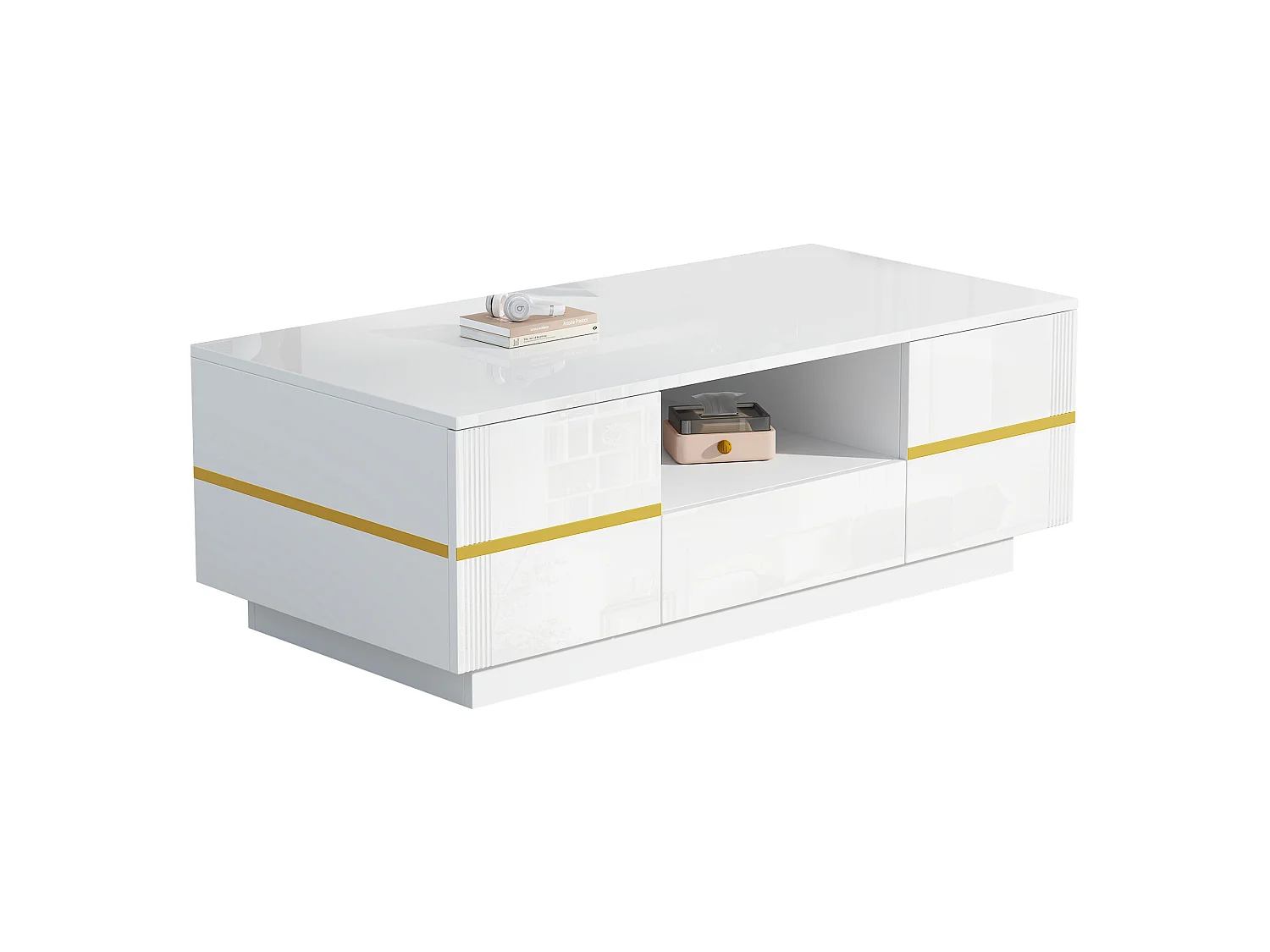 Modern coffee table 100x50x35.5 cm - With LED lighting - 2 doors and 1 drawer - Glossy finish - MDF - White