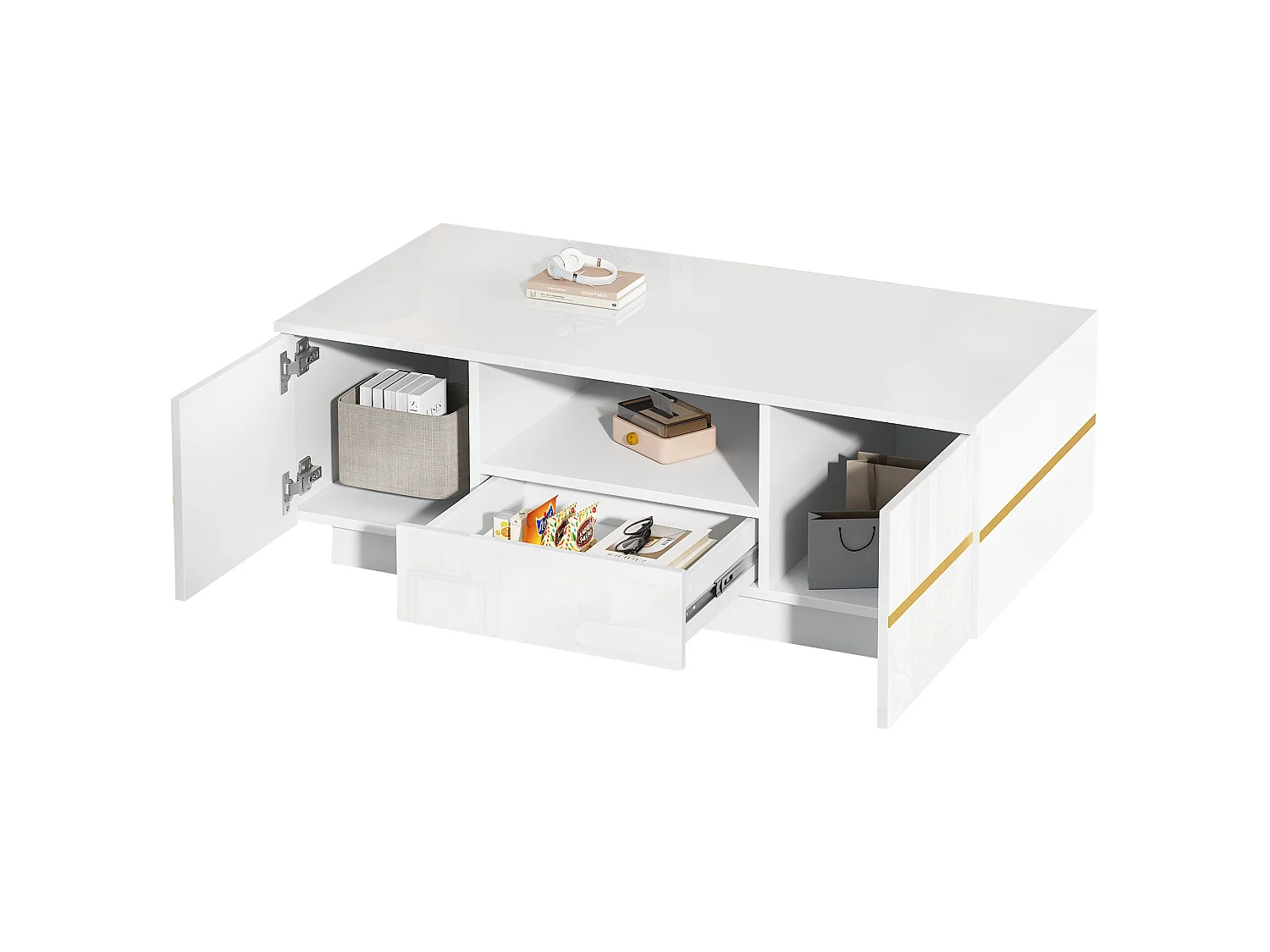 Modern coffee table 100x50x35.5 cm - With LED lighting - 2 doors and 1 drawer - Glossy finish - MDF - White