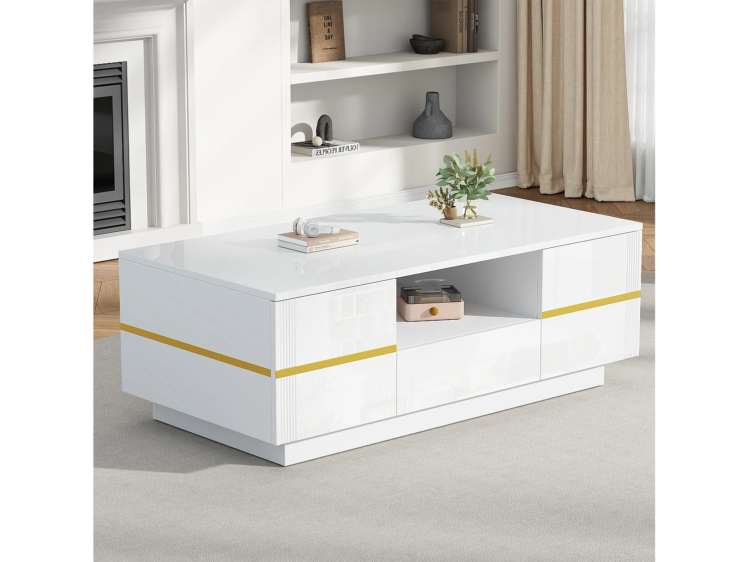 Modern coffee table 100x50x35.5 cm - With LED lighting - 2 doors and 1 drawer - Glossy finish - MDF - White