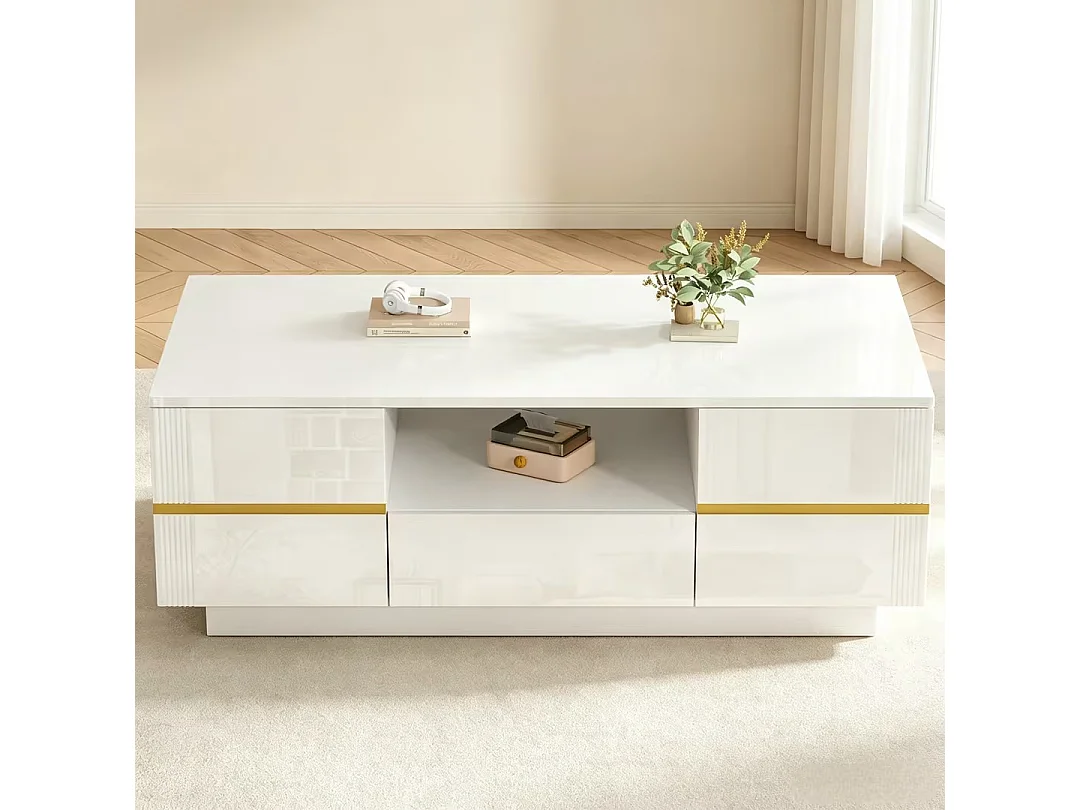 Modern coffee table 100x50x35.5 cm - With LED lighting - 2 doors and 1 drawer - Glossy finish - MDF - White