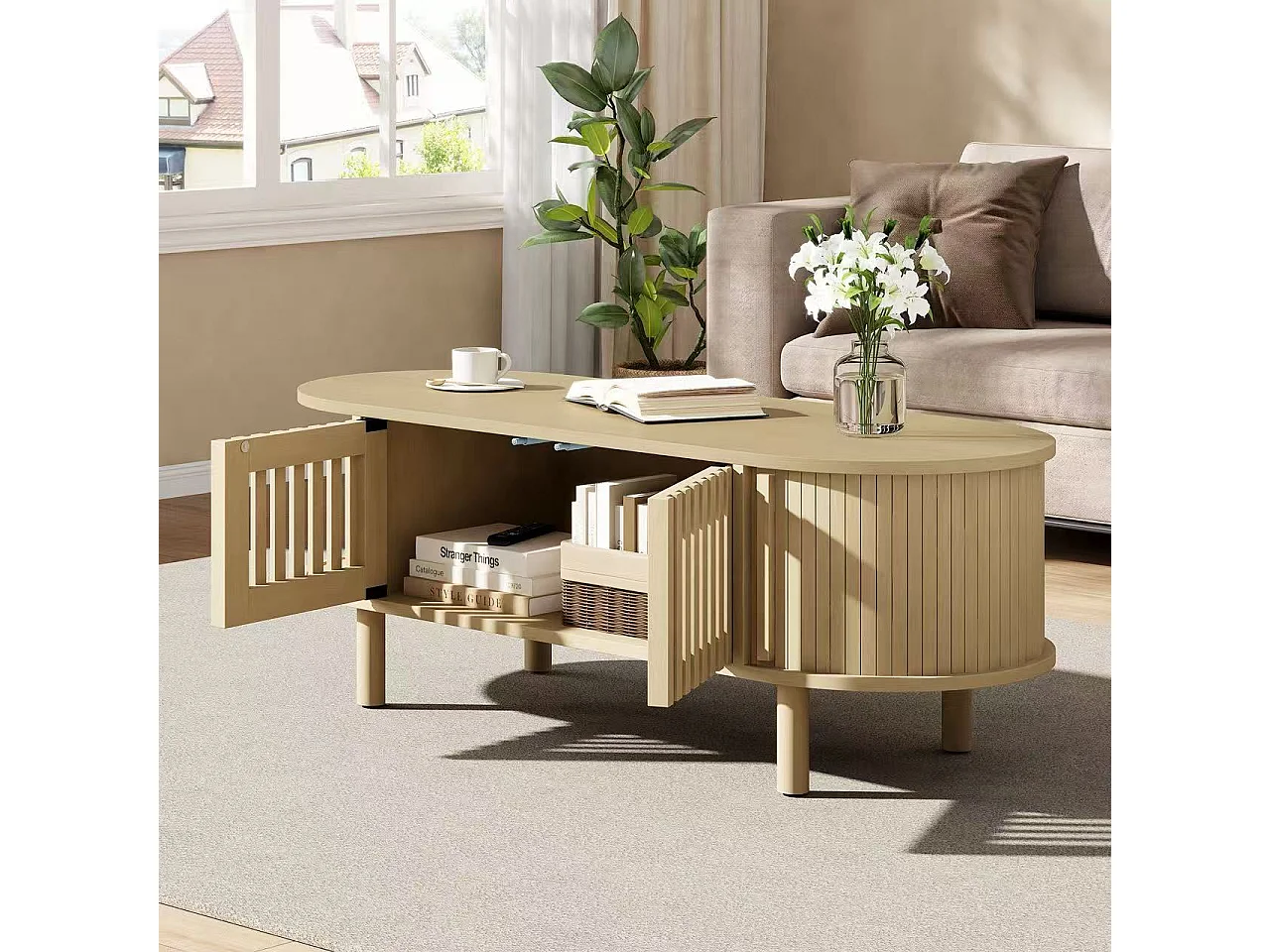 Oval coffee table 100x40x38 cm - 2 cane doors and 1 roller door - Solid wood legs - MDF - Natural