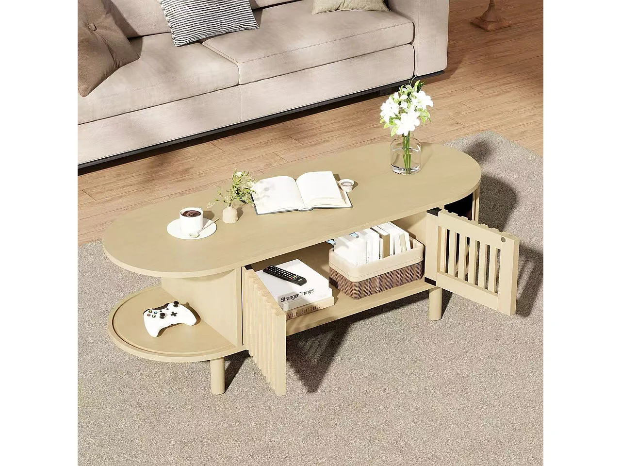 Oval coffee table 100x40x38 cm - 2 cane doors and 1 roller door - Solid wood legs - MDF - Natural
