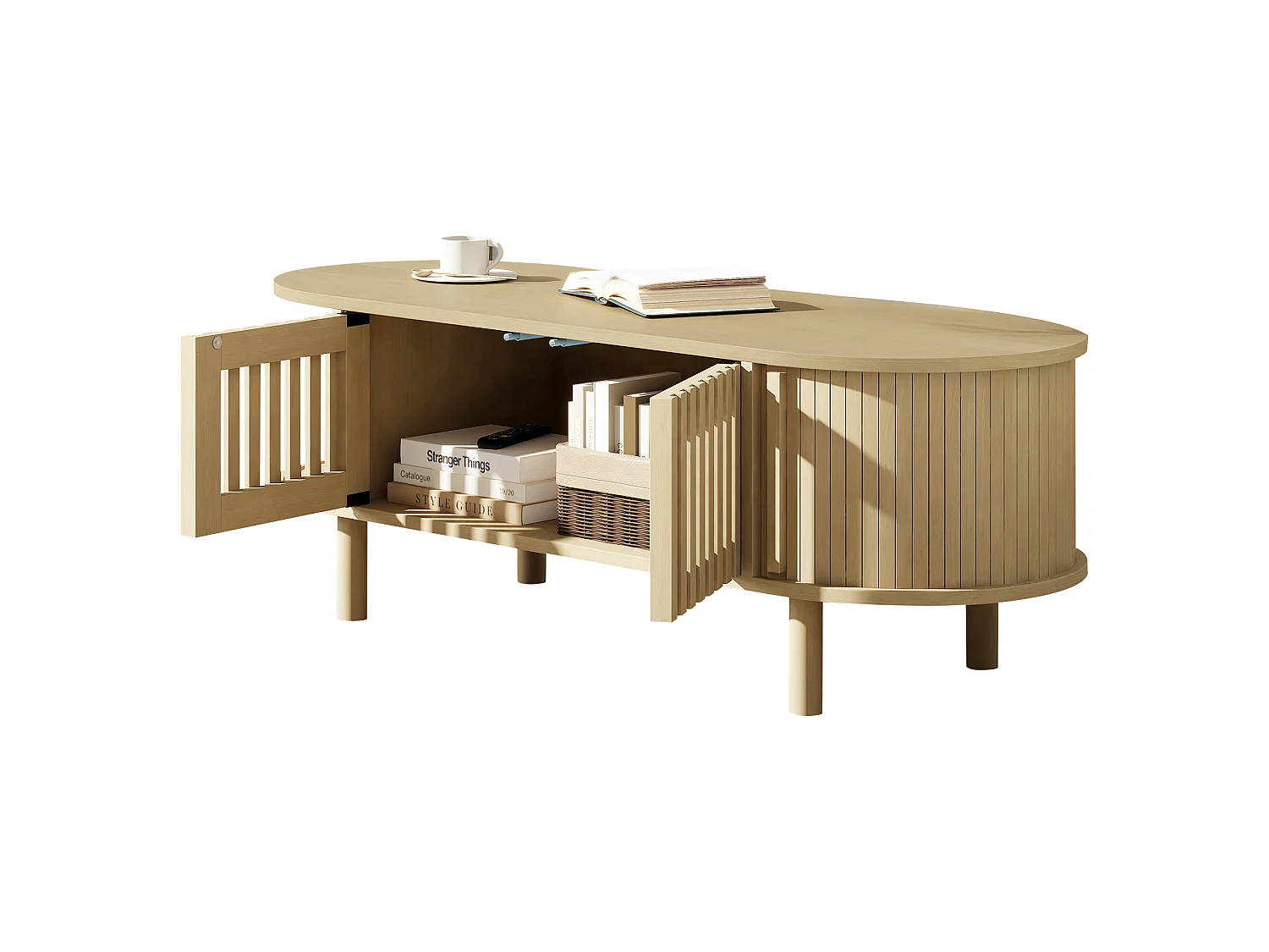 Oval coffee table 100x40x38 cm - 2 cane doors and 1 roller door - Solid wood legs - MDF - Natural