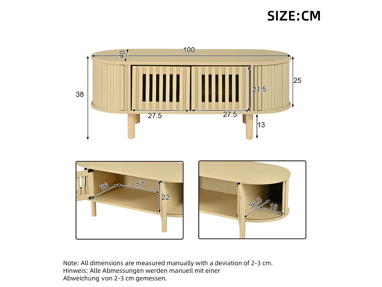Oval coffee table 100x40x38 cm - 2 cane doors and 1 roller door - Solid wood legs - MDF - Natural