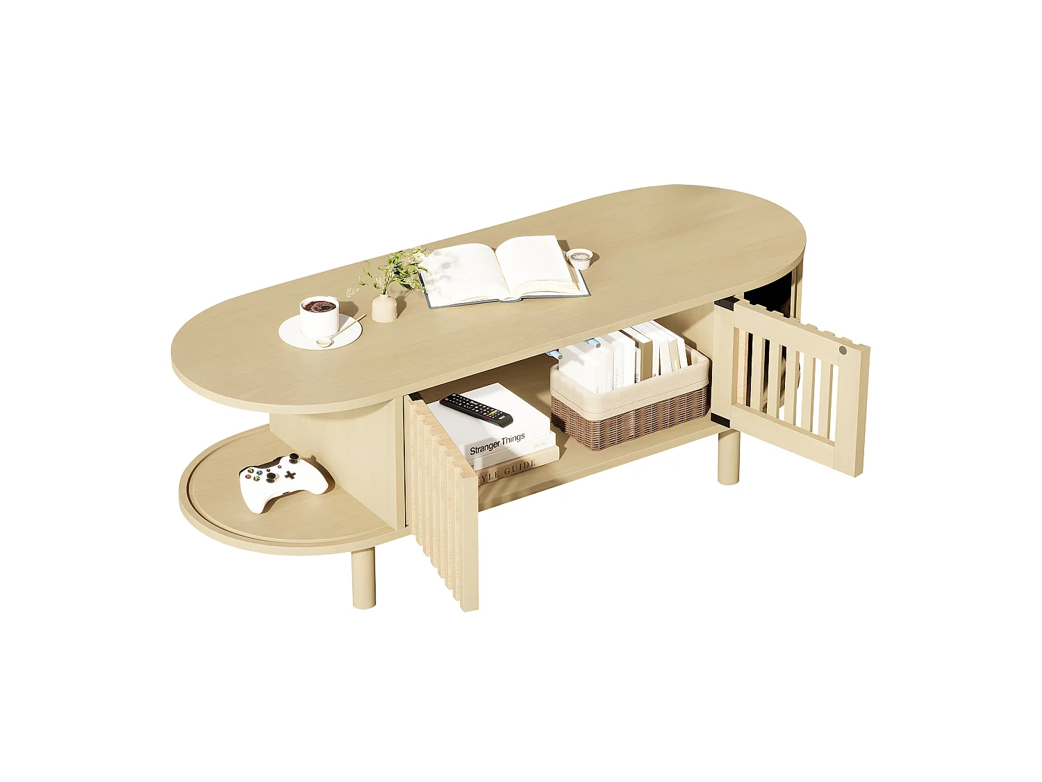 Oval coffee table 100x40x38 cm - 2 cane doors and 1 roller door - Solid wood legs - MDF - Natural
