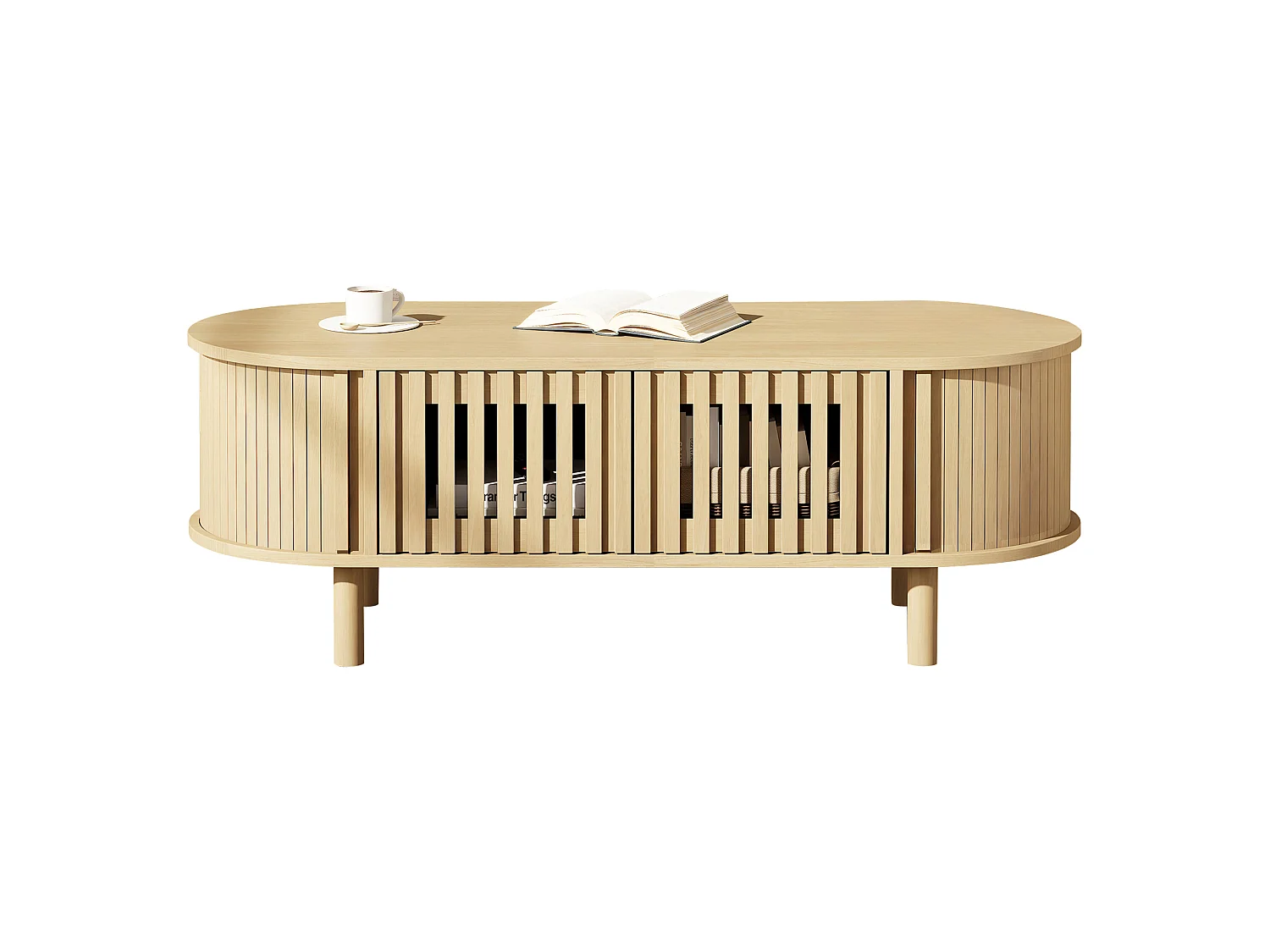 Oval coffee table 100x40x38 cm - 2 cane doors and 1 roller door - Solid wood legs - MDF - Natural