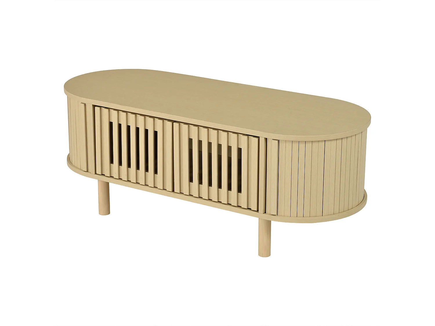 Oval coffee table 100x40x38 cm - 2 cane doors and 1 roller door - Solid wood legs - MDF - Natural